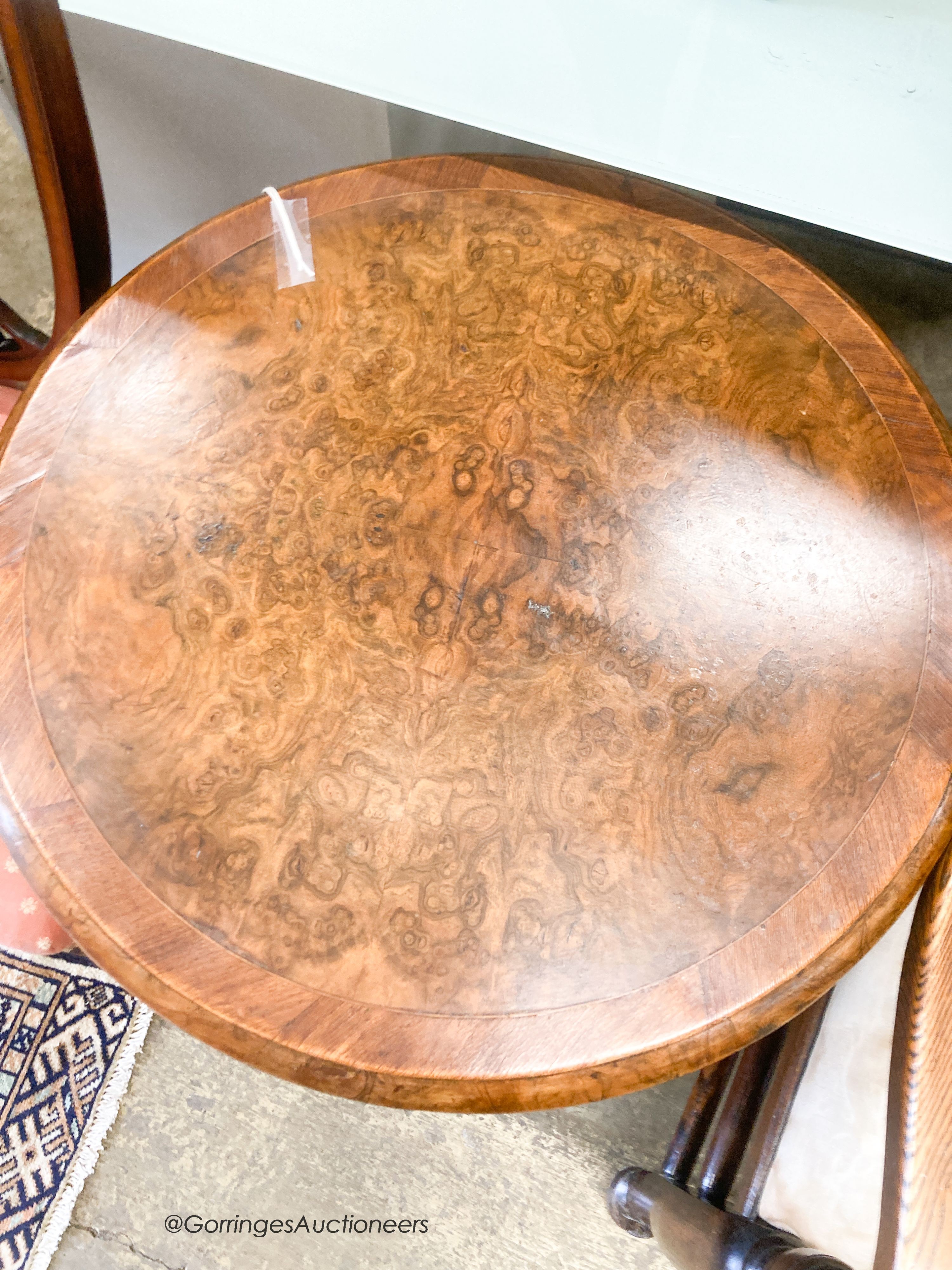 A Victorian burr walnut circular wine table, diameter 49cm, height 70cm together with an Edwardian satinwood banded mahogany side chair